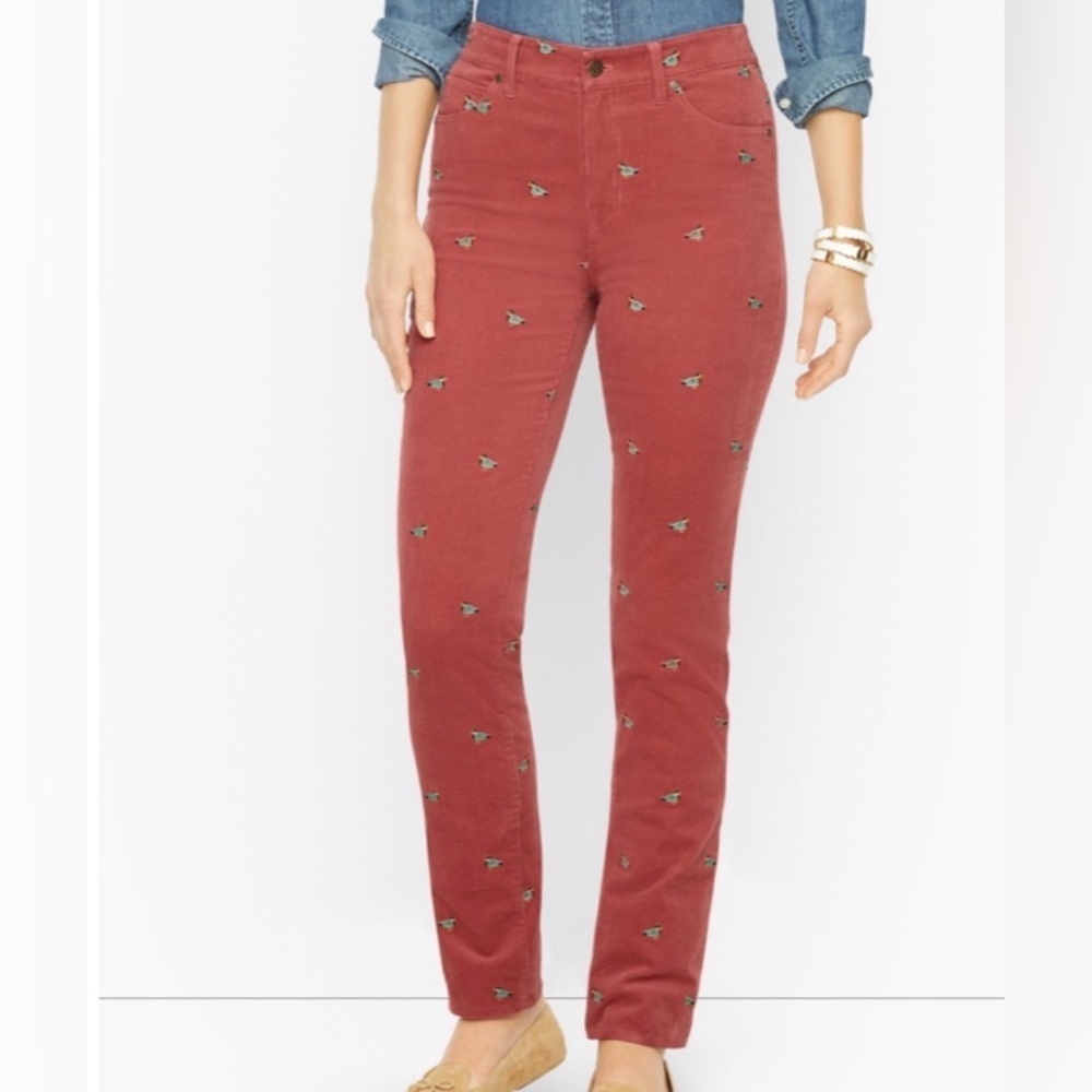 Talbots 6P Talbots Stretch Corduroy Straight Leg Pants - Mallard Embroidered